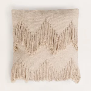 Coussin Carré en coton Beige Crème à franges (45x45 cm) 